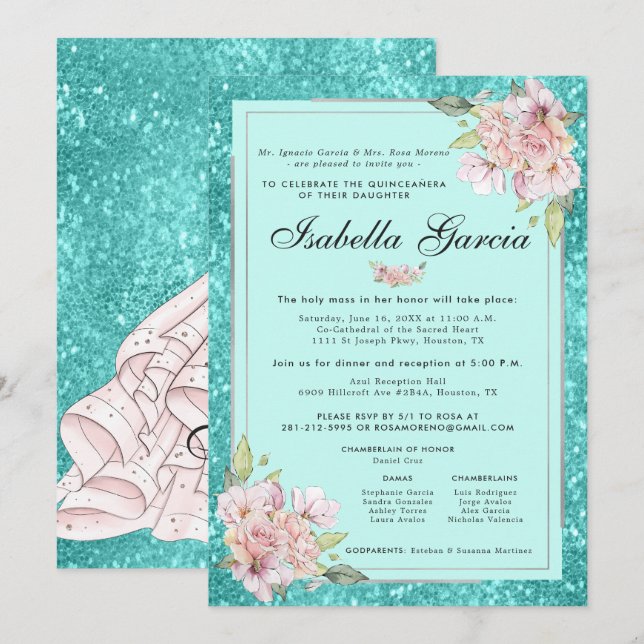 Uppmaning till Teal Blue Blommigt Quinceañera Birt Inbjudningar (Fram/baksida)