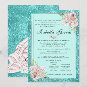 Uppmaning till Teal Blue Blommigt Quinceañera Birt Inbjudningar