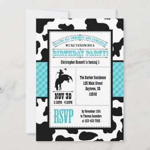 Uppmaning till Teal Blue Cowhide Cowboy Birthday Inbjudningar
