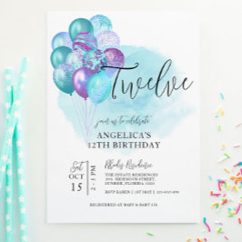 Uppmaning till Teal Lila Balloons 12:e Birthday Inbjudningar