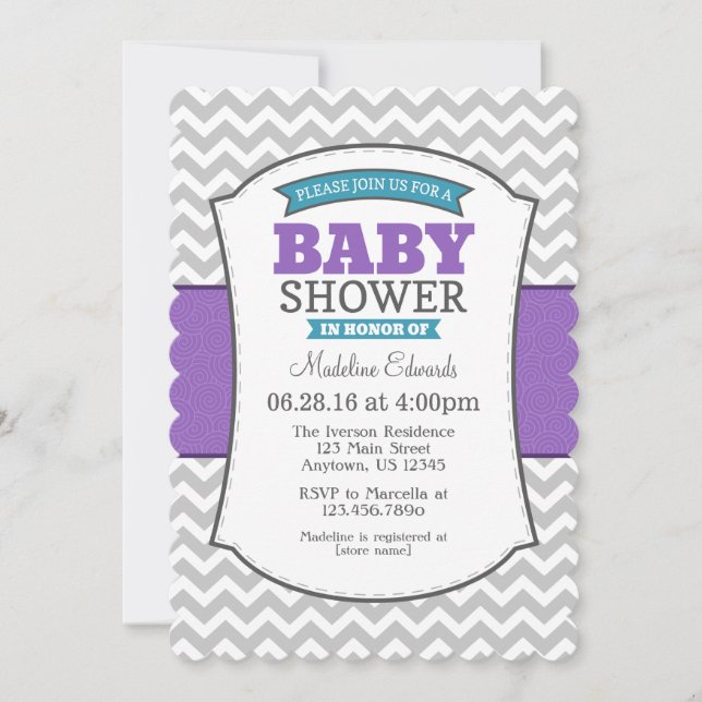 Uppmaning till Teal Lila Grått Chevron Baby Shower Inbjudningar (Framsida)