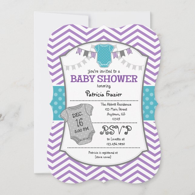Uppmaning till Teal Lila Grått Chevron Baby Shower Inbjudningar (Framsida)