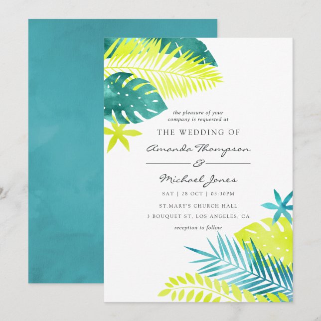 Uppmaning till Teal och Lemon Tropical Wedding Inbjudningar (Fram/baksida)