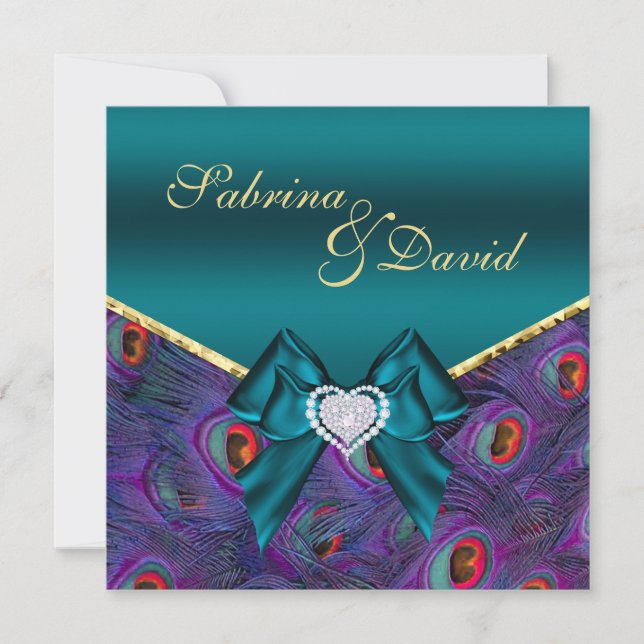 Uppmaning till Teal Plum Peacock Wedding Inbjudningar (Framsida)