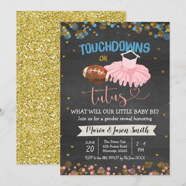 Uppmaning till Touchdown eller Tutus Gender Reveal Inbjudningar (Fram/baksida)
