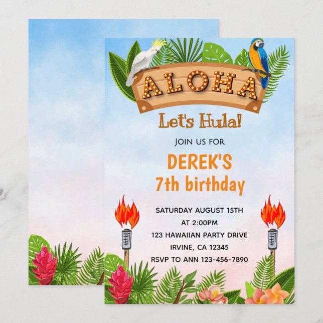 Uppmaning till Tropical Aloha Parrots Birthday Inbjudningar (Fram/baksida)