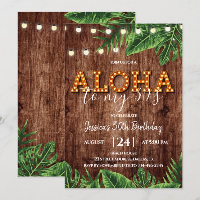 Uppmaning till Tropical Aloha Rustic Birthday Inbjudningar (Fram/baksida)