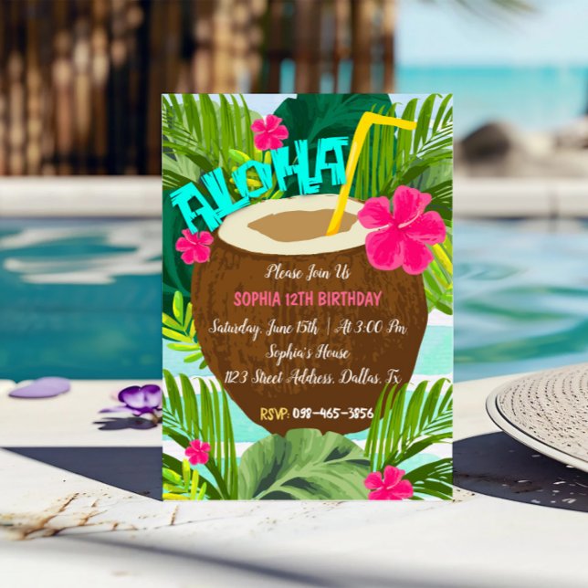Uppmaning till Tropical Coconut Aloha Birthday Inbjudningar (Skapare uppladdad)