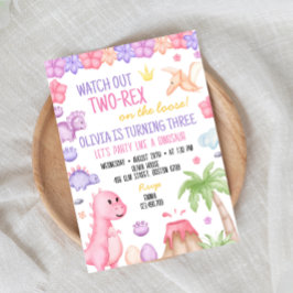 Uppmaning till två-Rex Girl Dinosaur Birthday Inbjudningar