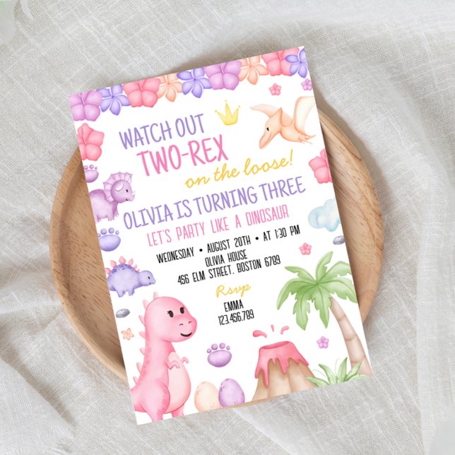 Uppmaning till två-Rex Girl Dinosaur Birthday Inbjudningar (Skapare uppladdad)