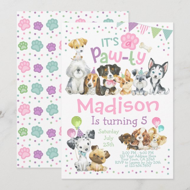 Uppmaning till valpar på födelsedagen, Hund Födels Inbjudningar (Fram/baksida)