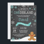 Uppmaning till Winter Onederland 1:a födelsedag<br><div class="desc">Winter Onederland Snögubbe 1:a födelsedagsinbjudan. Pepparkaksgubbe. Aqua Teal Turcos och White Snowflake. Första födelsedagen. Boy eller Girl 1 Bday Inbjudan. Bakgrund för kalkbord. Black and White. Om du vill göra ytterligare anpassningar klickar du på knappen "Anpassa" och användor verktyg som är utformat för att ändra mallen.</div>
