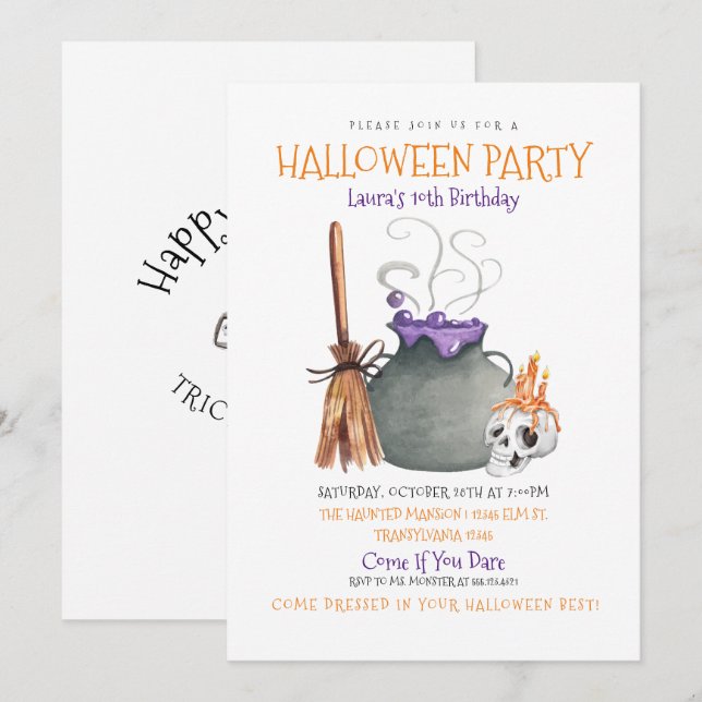 Uppmaning till Witch Cauldron Halloween Birthday Inbjudningar (Fram/baksida)