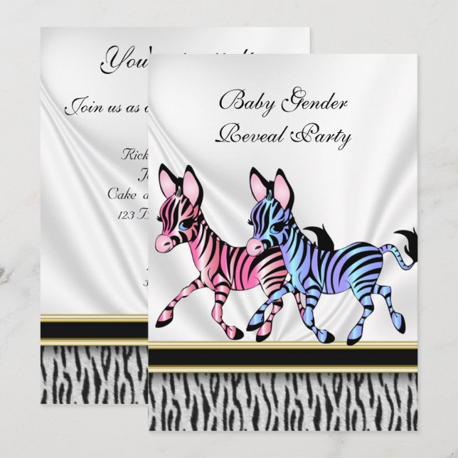 Uppmaning till Zebra Baby Gender Reveal Party Inbjudningar (Fram/baksida)