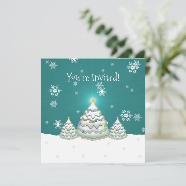 Uppmaningen Teal Snowy Julgran Inbjudningar (Stående Fram)