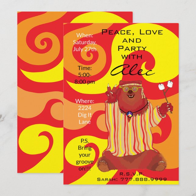 Uppmaningen till Groovy Peace Bear 1960-talet i St Inbjudningar (Fram/baksida)