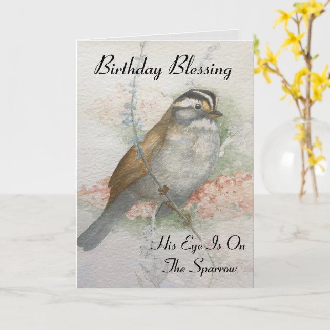 Uppmärksam Sparrow Birthday Blating Bird Watercolo Kort (Gul blomma)