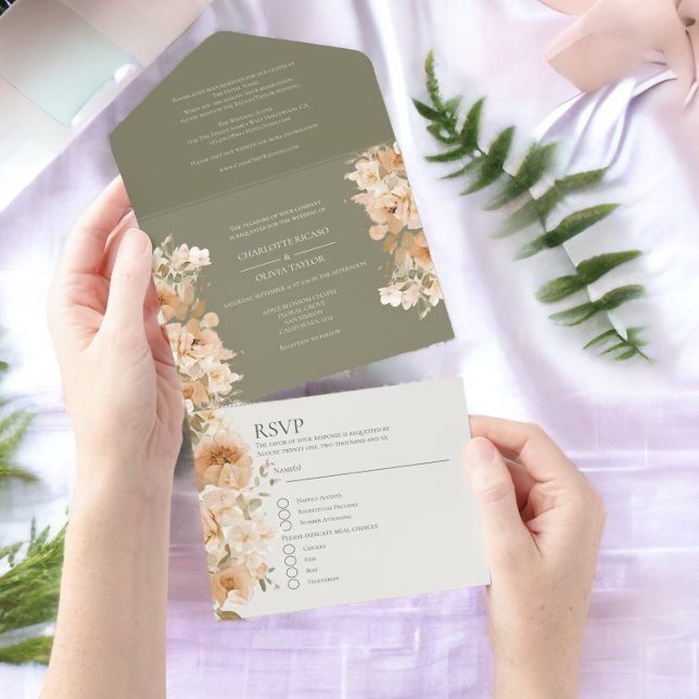 Uppmätt Grönt persikoblomma Personlig Bröllop (Muted Green Peach Flower Personalized Wedding All In One Invitation from Ricaso)