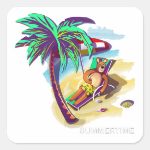 Uppmjukande sommarbjörn på Tropical Beach Fyrkantigt Klistermärke