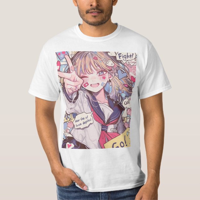 Uppmuntra Anime Schoolgirl Art Print T Shirt (Framsida)