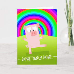 Uppmuntra kort med Gris under regnbåge, Dance!