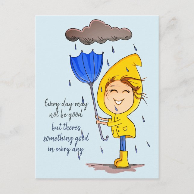 Uppmuntring av cute Girl Rainy Windy Day-grafik Vykort (Framsida)