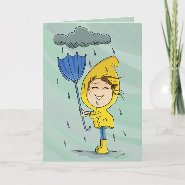 Uppmuntring av grafik i Cute Girl Rainy Windy Day Anteckningskort (Framsida)