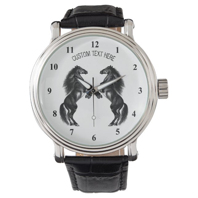 Upprätt Black Horses Watch - Anpassningsbar Text Armbandsur (Framsida)