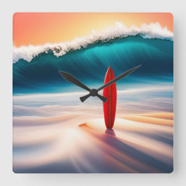 Upprätt surfboard i Sand med våg Fyrkantig Klocka