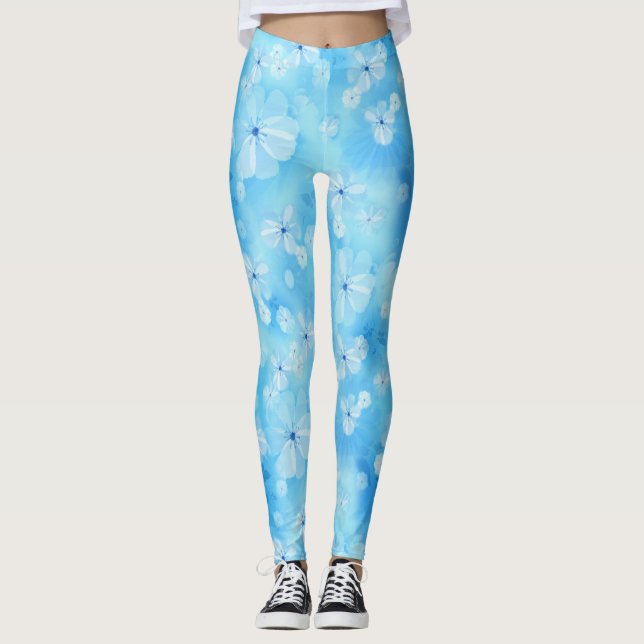 Upprepa blek himmelsblå - vita akvarellblommor leggings (Framsida)