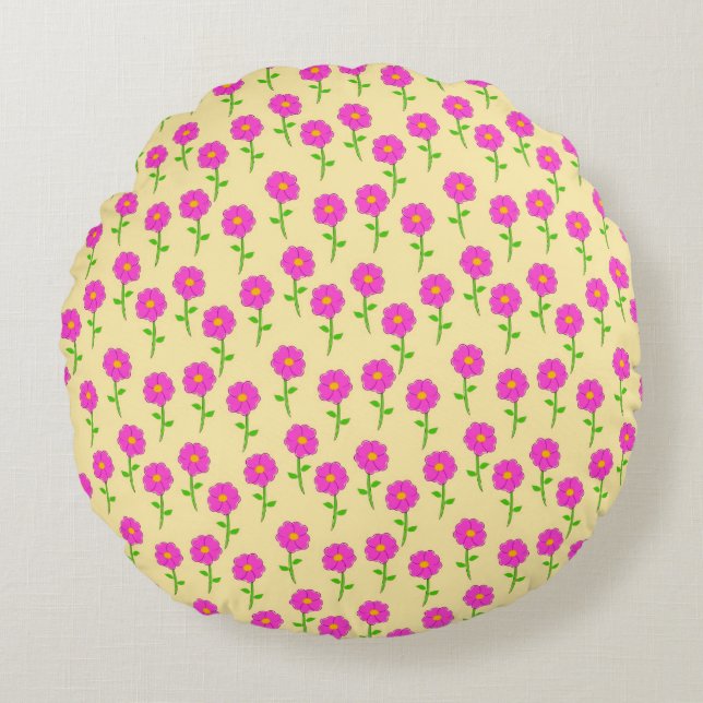 Upprepa blommönster med varmt rosa blommor rund kudde (Framsidan)