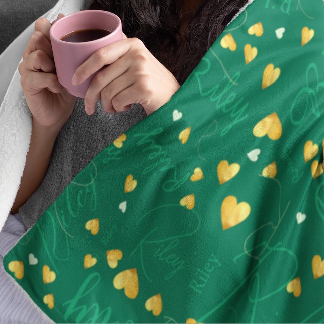 Upprepa Namn med Guld Hearts mörk-emerald-grönt Fleecefilt (Skapare uppladdad)