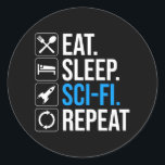 Upprepa viloläget i viloläge runt klistermärke<br><div class="desc">Ät. Sov. Sci-Fi. Upprepa. Lustigt ski-fi-älskare-presentidé för en man, kvinna, tonåringar eller barn som kärlek science fiction, rymden, raketfraktaser och utforskande av universum, och är en scifi-gend eller -nörd. Kärlek science fiction bokar, sci-fi TV-program eller sci-fi-filmer? Om du är en sci-fi fläkt och har en känsla av humor, så är...</div>