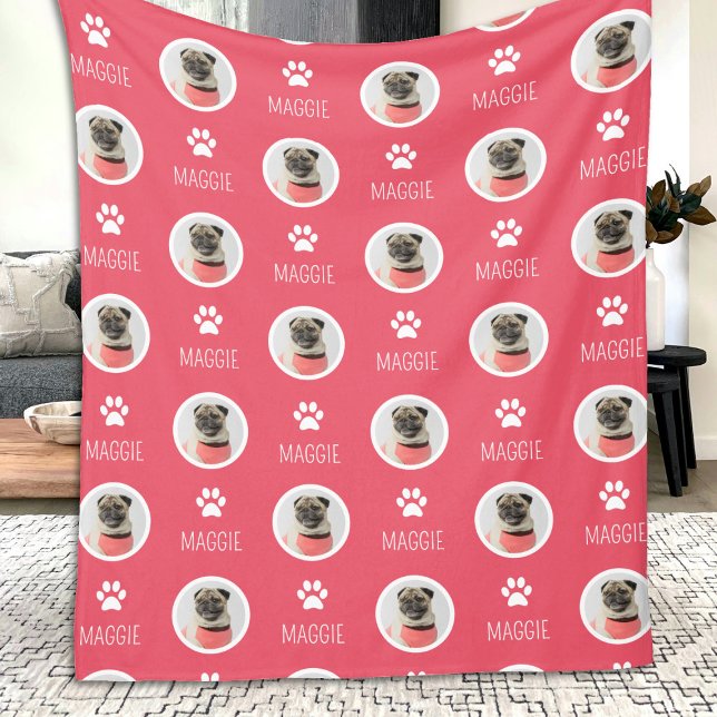 Upprepad Hund Cat Pet Namn & Photo Rosa Fleecefilt (Skapare uppladdad)