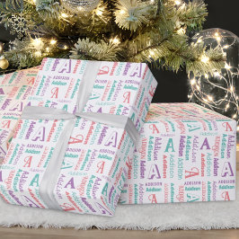 Upprepad Namn & initial Rosa Lila Teal Gift Presentpapper