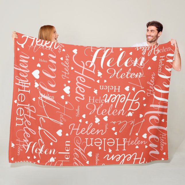 Upprepande Namn och Hearts Allover Orange Red Fleecefilt (På plats)