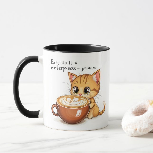 Upprepning på varje sida - Cute Cat Latte Mugg - C (Med munk)