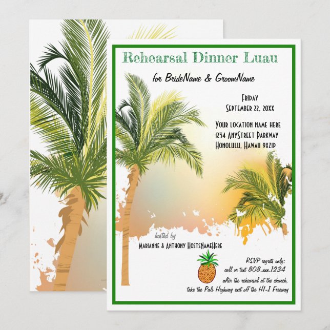 Upprepningsmiddag för Beach Handflatan Träd Inbjudningar (Fram/baksida)