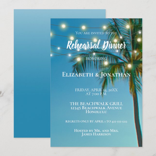 Upprepningsmiddag för Beach Handflatan Träd String Inbjudningar (Fram/baksida)