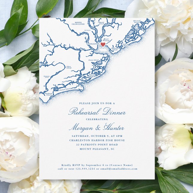 Upprepningsmiddagen för berget blått Bröllop i flo Inbjudningar (Mount Pleasant SC Map Wedding Rehearsal Dinner Invitation in Elegant Navy Blue - Coastal Map Designs)