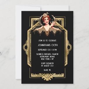 Upprinnande 2000 Gatsby Flapper-flicka, svart guld Inbjudningar