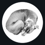 Upprullningsskydd Runt Klistermärke<br><div class="desc">En hund som är djupt inkapslad i sig själv,  utsmält med enfärgad bra. En ljuvlig,  bärbar påminnelse om värme och lojalitet,  perfekt för journal,  bärbara datorer eller flaskor.</div>
