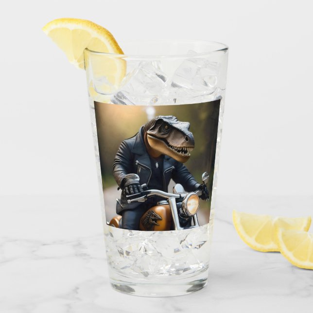 **"Upprymd Rex: T-Rex i läder på motorcykel Glaskopp (Framsida Ice)