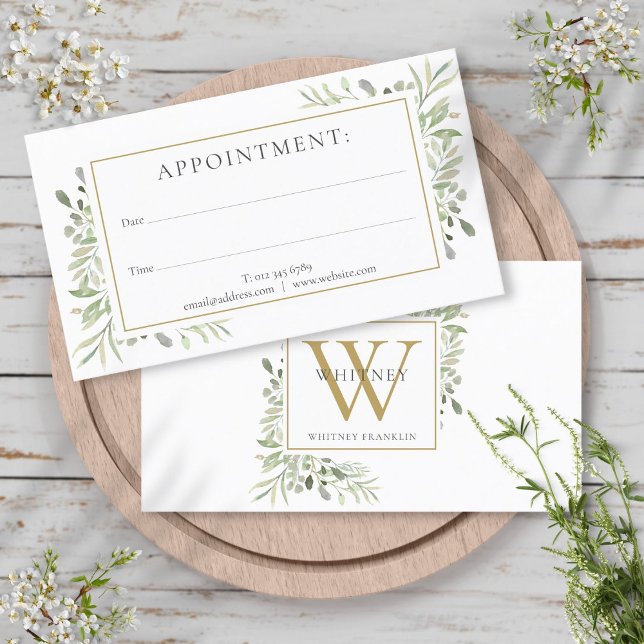 Uppsägningskort för Grey i Guld Monogram Visitkort (Gold Monogram Greenery Appointment Card)