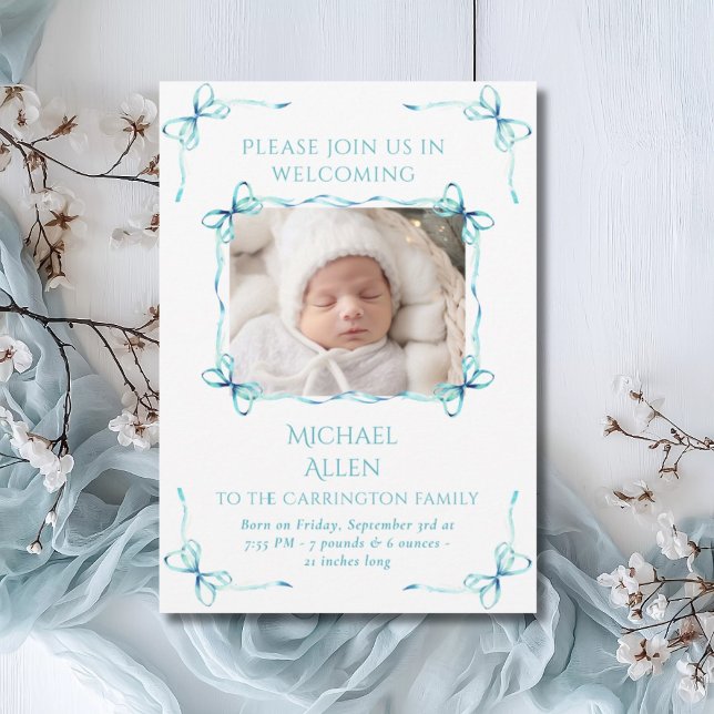 Uppsägningskort för Turcos Bows Baby Photo Birth Meddelande (Skapare uppladdad)