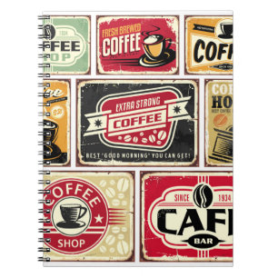 Uppsamling av kaffeskyltar och etiketter. Retro oc Anteckningsbok