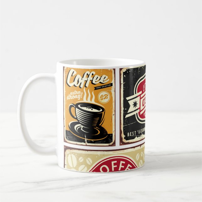 Uppsamling av kaffeskyltar och etiketter. Retro oc Kaffemugg (Vänster)