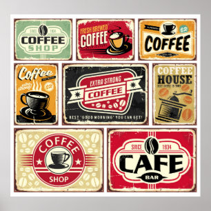 Uppsamling av kaffeskyltar och etiketter. Retro oc Poster