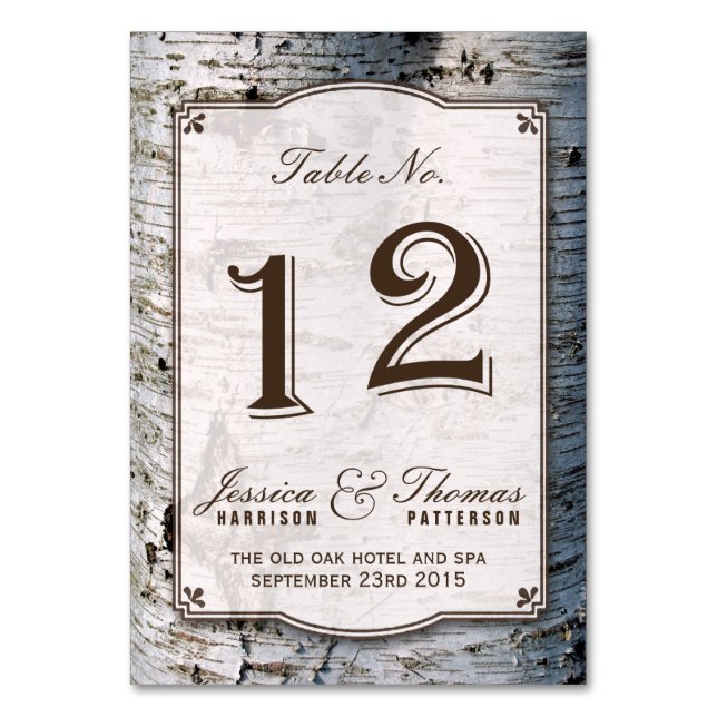 Uppsamlingen Rustic Silver Birch Träd Bröllop 12 Bordsnummer (Framsidan)
