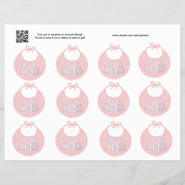 Uppsättning med 12 Flicka Rosa Bib Gift eller favä Reklamblad (Framsidan)